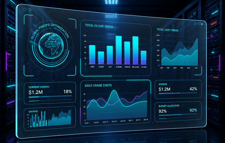 CloudLaminate global FinOps optimization dashboard with cloud spend and cost trend charts